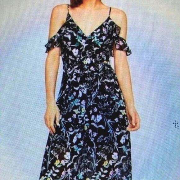 NWT$118 BCBG Generation Floral Ruffle V Neck Open Shoulder Maxi Dress Sz 4 - Picture 1 of 13